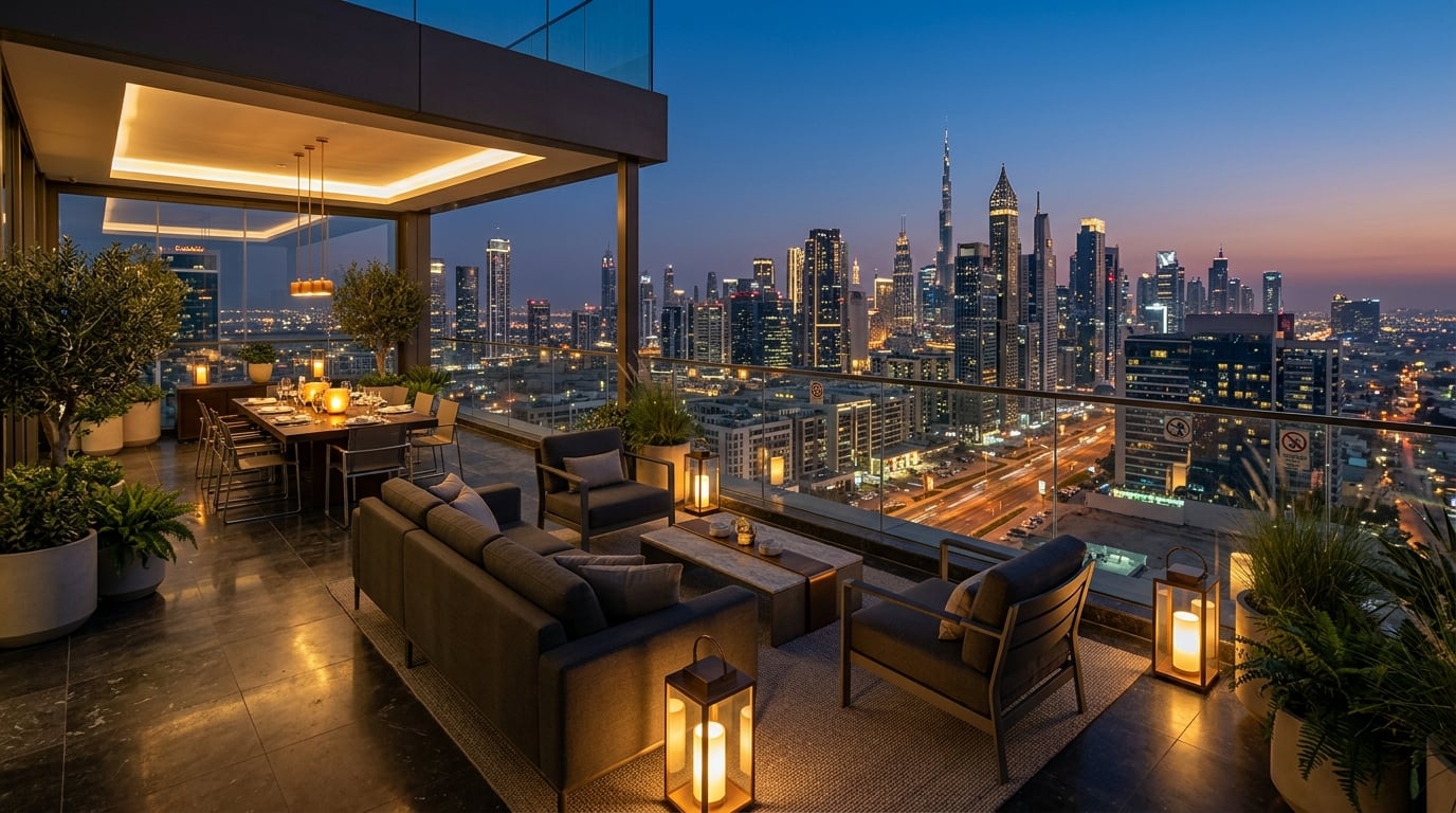 Luxury penthouse terrace with panoramic city views